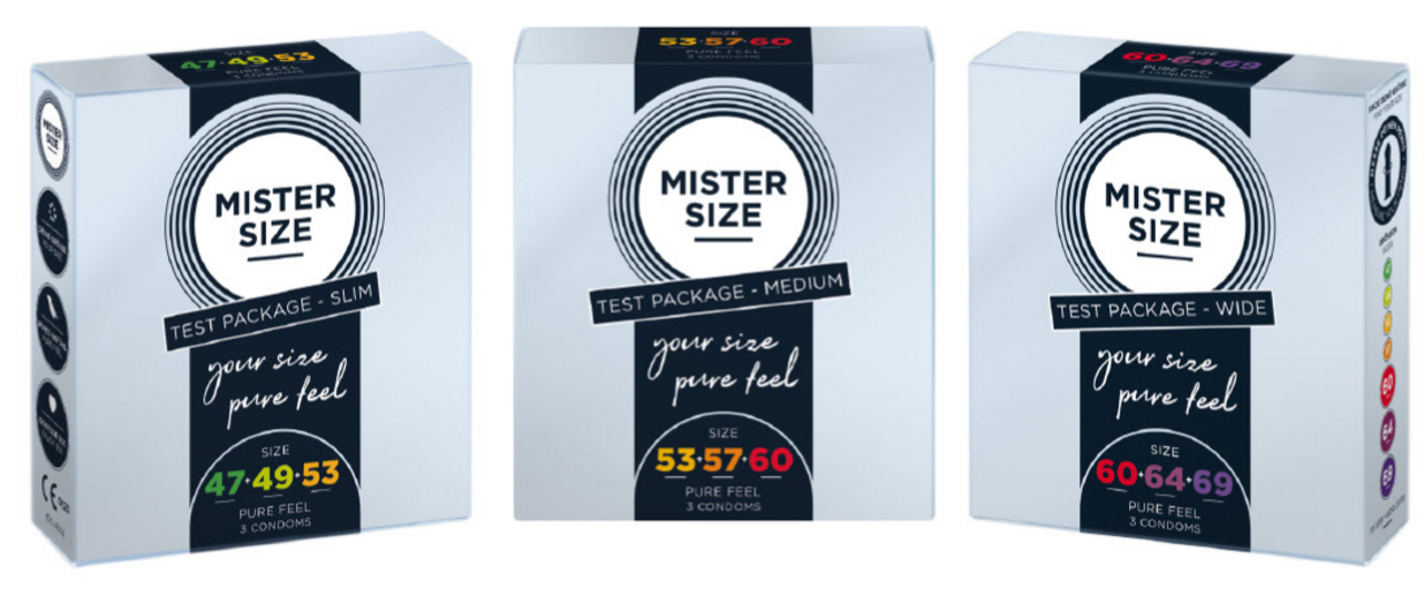 Drie verskillende Mister Size-kondoomtoetspakke