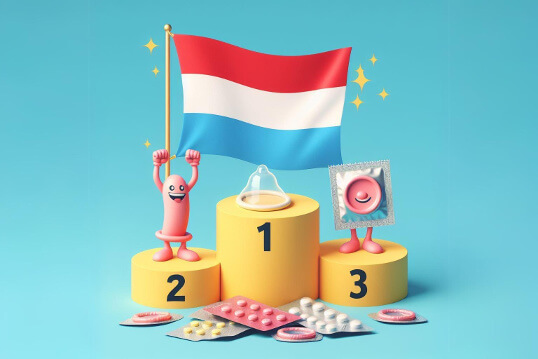 Luxemburg Flagge als Nummer 1 auf einem Siegertreppchen zum Thema Verhütung